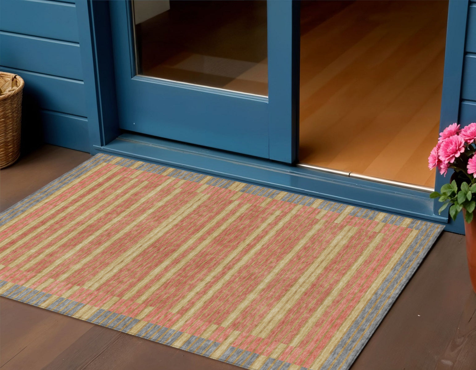3 X 5 Pewter And Gold Striped Washable Indoor Outdoor Area Rug