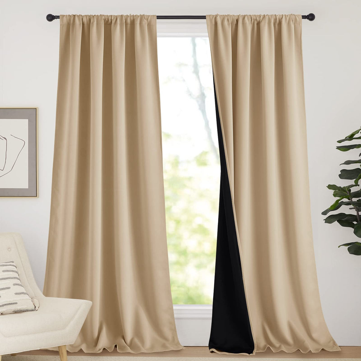 Nicetown Thermal Insulated 100% Blackout Curtains, Noise Reducing Drapes With Black Backing, Rod Pocket Full Light Blocking Pane