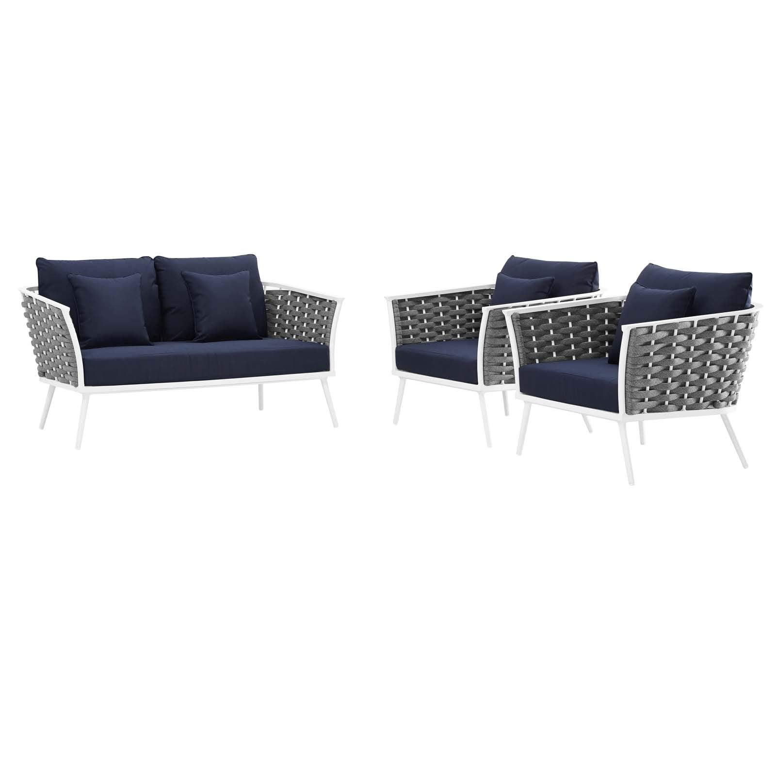 Modway Stance Outdoor Patio Aluminum, Loveseat And Two Armchairs, White Navy