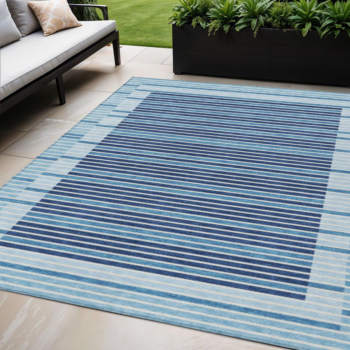 5 X 8 Sky Blue And Denim Blue Striped Washable Indoor Outdoor Area Rug