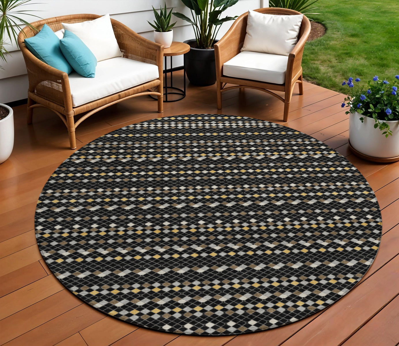8 Black And Taupe Round Striped Washable Indoor Outdoor Area Rug