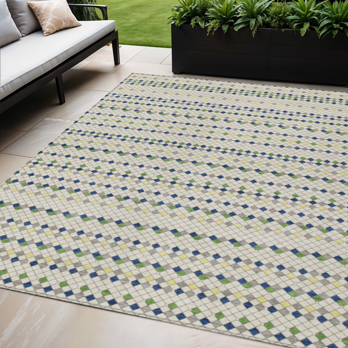 5 X 8 Linen And Lime Green Striped Washable Indoor Outdoor Area Rug