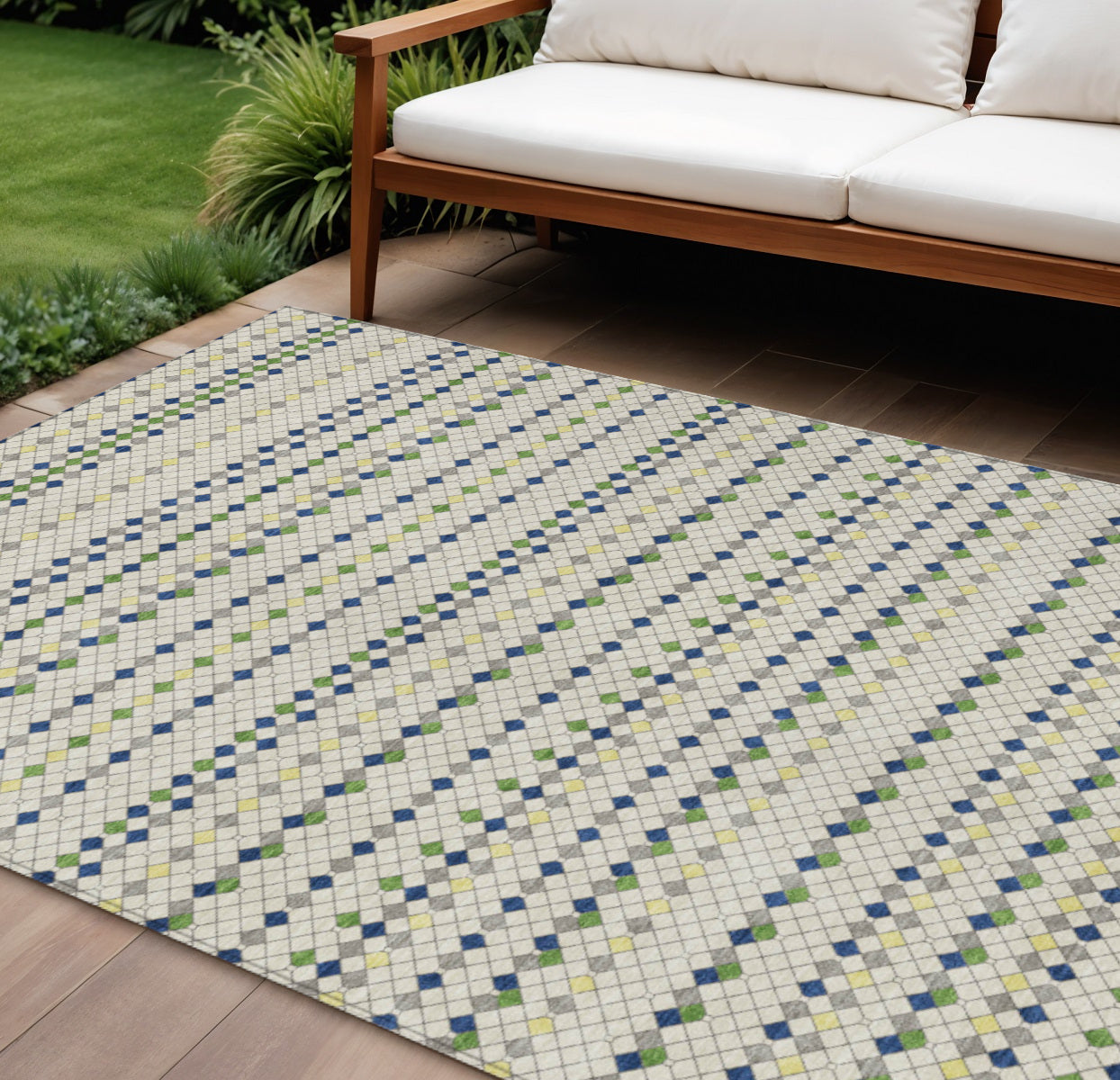 8 X 10 Linen And Lime Green Striped Washable Indoor Outdoor Area Rug
