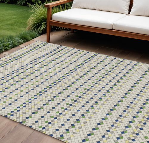 10 X 14 Linen And Lime Green Striped Washable Indoor Outdoor Area Rug