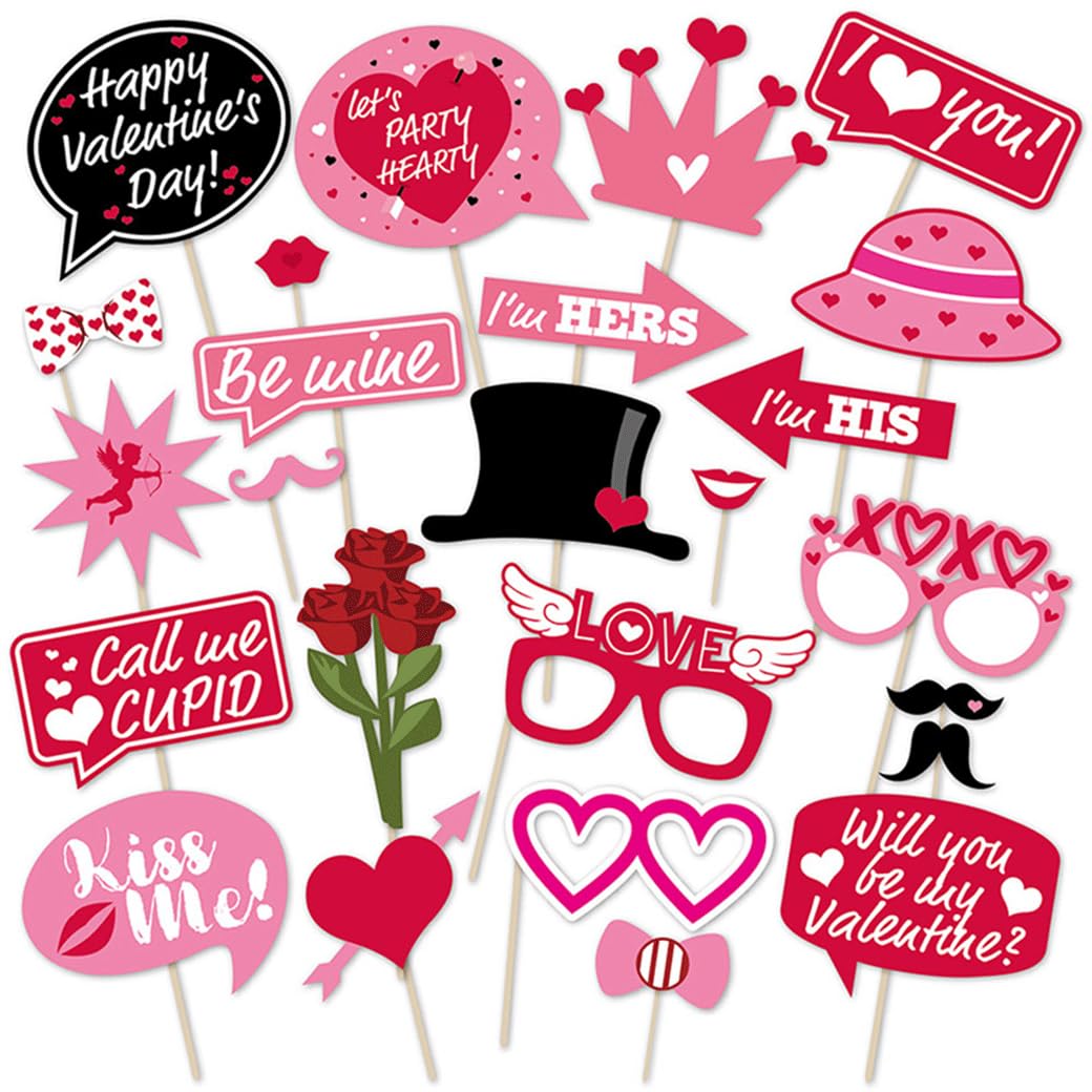 Valentine's Day Photo Booth Props, 25 Pcs Happy Lovers Selfie Photobooth Props, Masks, Love, Glasses, Mustache, Snowman for Wedd