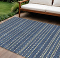 9 X 12 Navy Blue And Mint Green Striped Washable Indoor Outdoor Area Rug