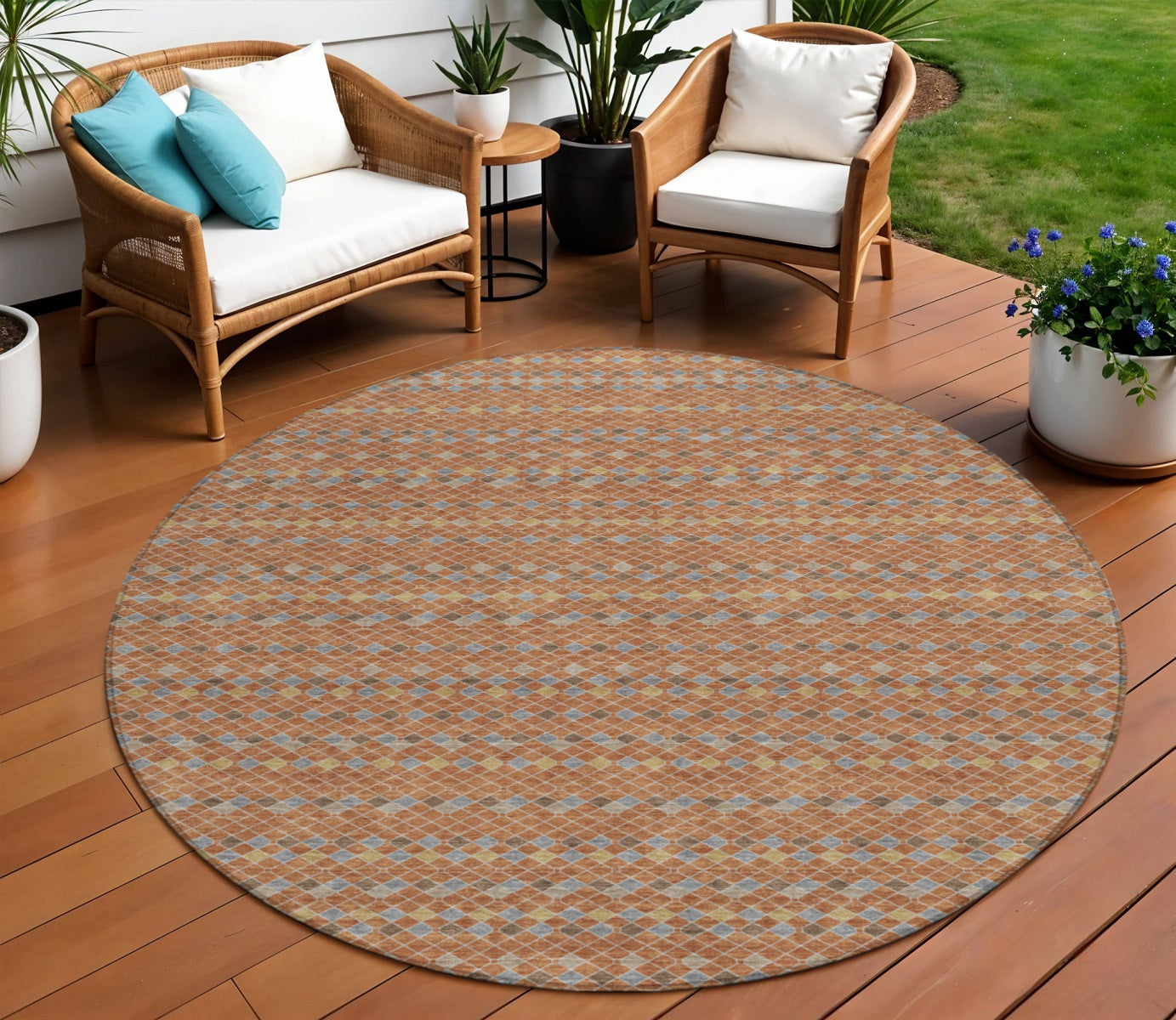 8 Orange And Taupe Round Striped Washable Indoor Outdoor Area Rug