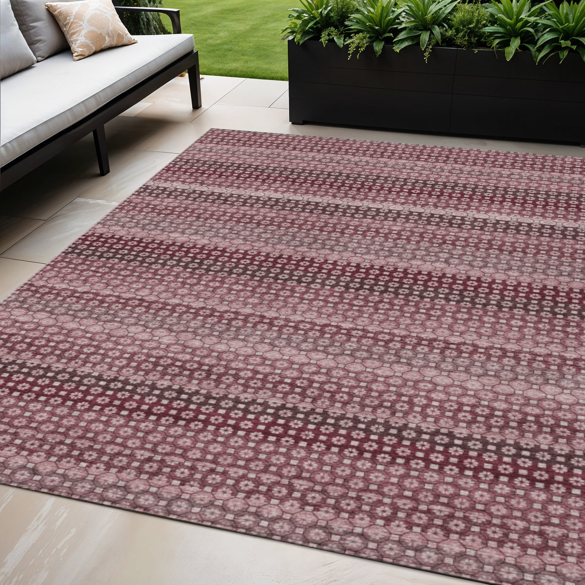 5 X 8 Red And Burgundy Striped Washable Indoor Outdoor Area Rug