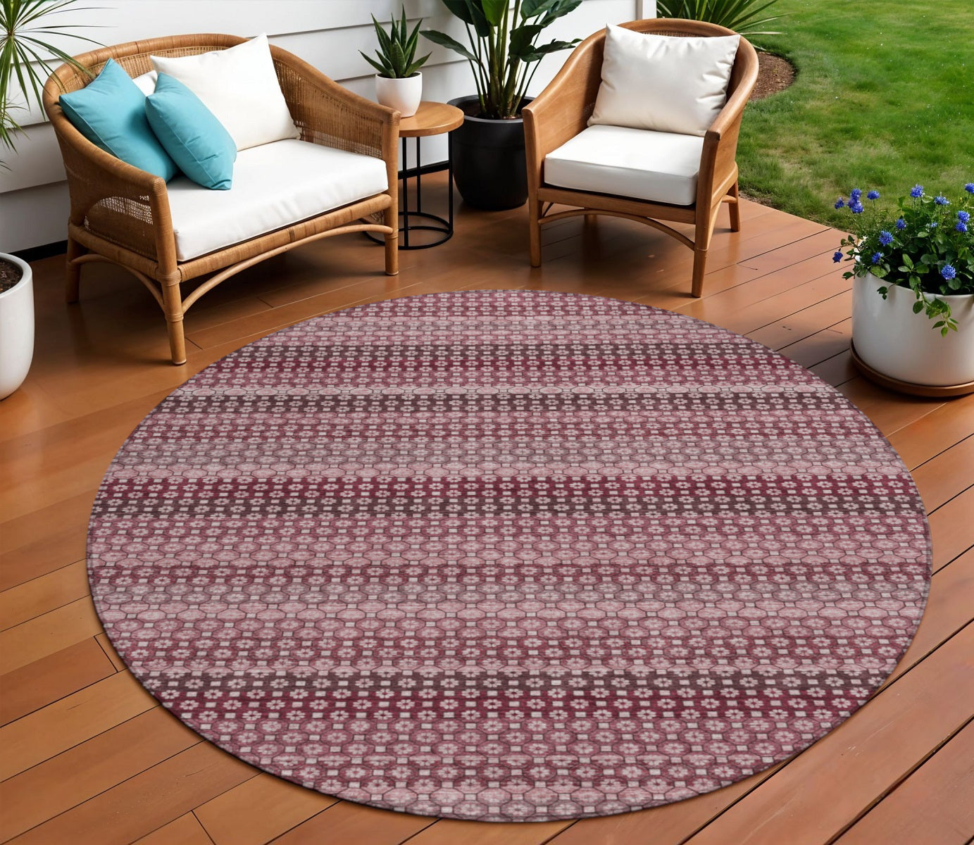8 Red And Burgundy Round Striped Washable Indoor Outdoor Area Rug