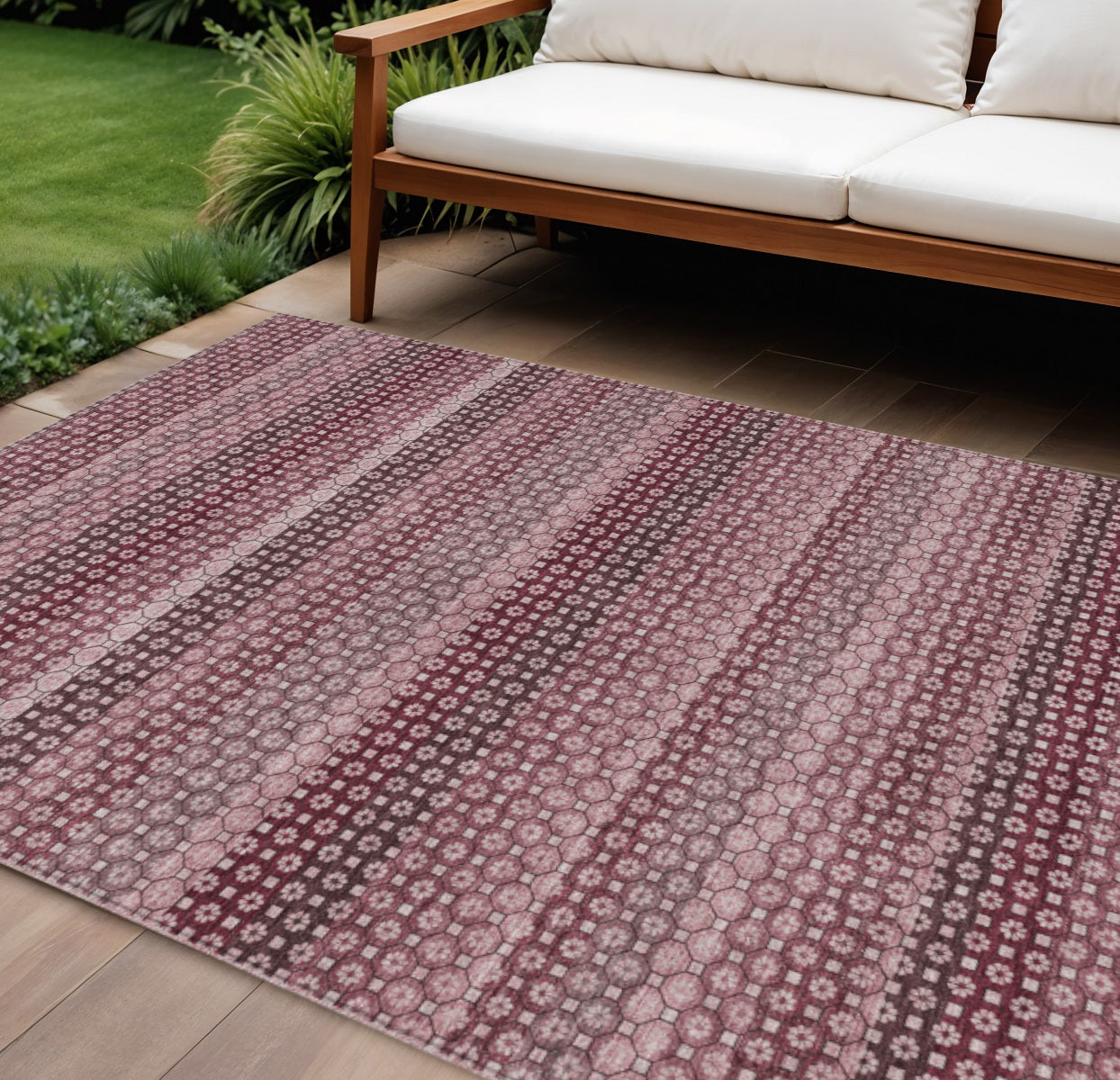 8 X 10 Red And Burgundy Striped Washable Indoor Outdoor Area Rug