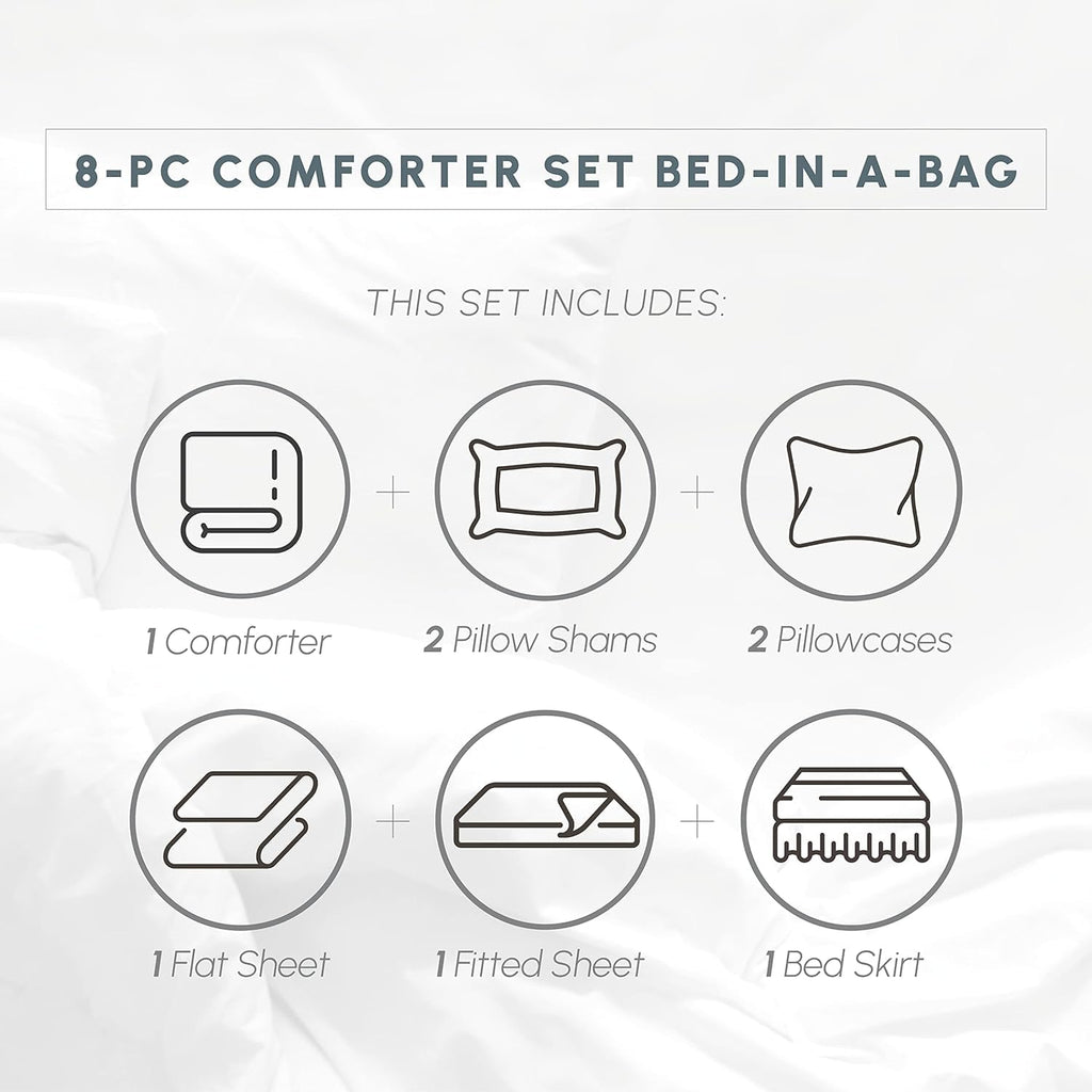 Elegant Comfort Silky Soft 8-Piece Dobby Stripe Bed-In-A-Bag Comforter Set, Includes 4Pc Smart Sheet Set, Bed Skirt, Comforter, Matching Pillowcases And Shams - Full/Queen, Paradise Teal
