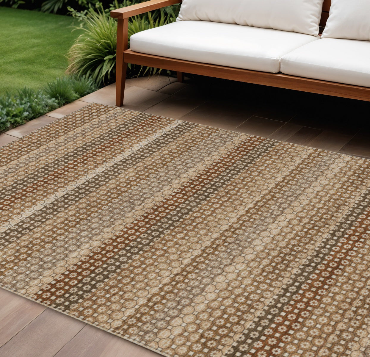 9 X 12 Orange And Copper Striped Washable Indoor Outdoor Area Rug