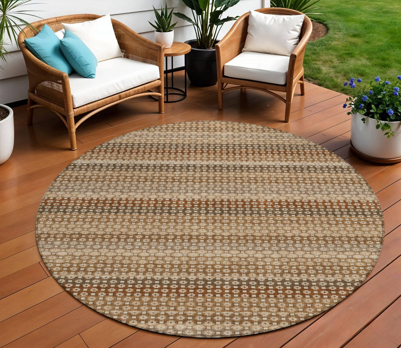 8 Taupe And Brown Round Striped Washable Indoor Outdoor Area Rug