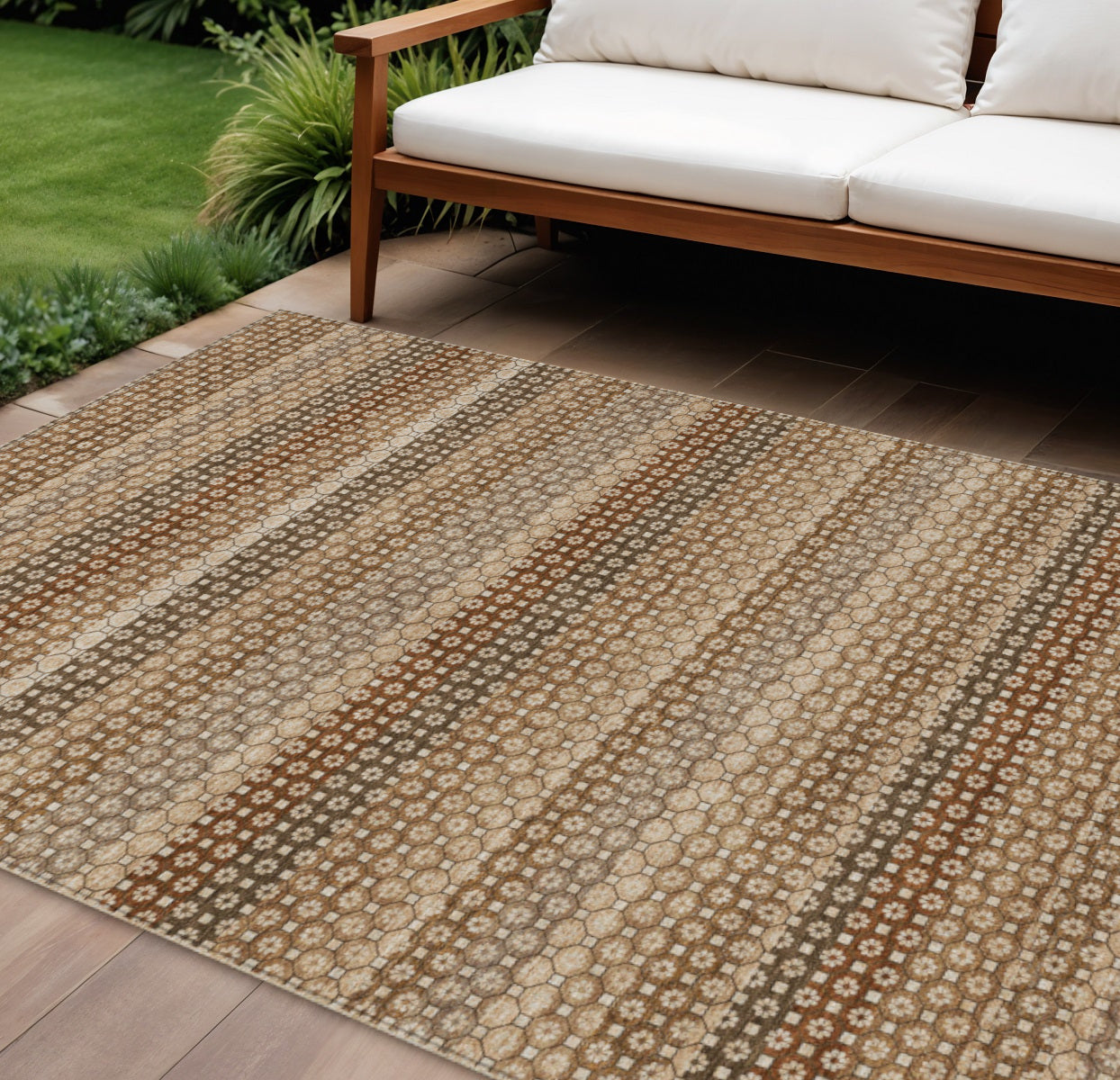 10 X 14 Taupe And Brown Striped Washable Indoor Outdoor Area Rug