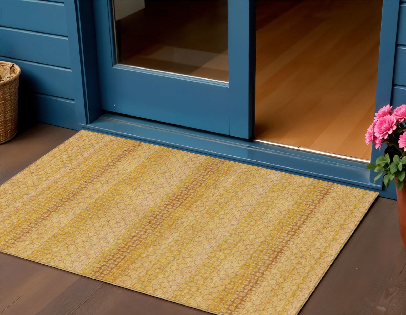 3 X 5 Wheat And Gold Striped Washable Indoor Outdoor Area Rug