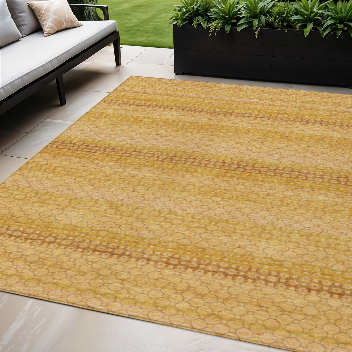 5 X 8 Wheat And Gold Striped Washable Indoor Outdoor Area Rug