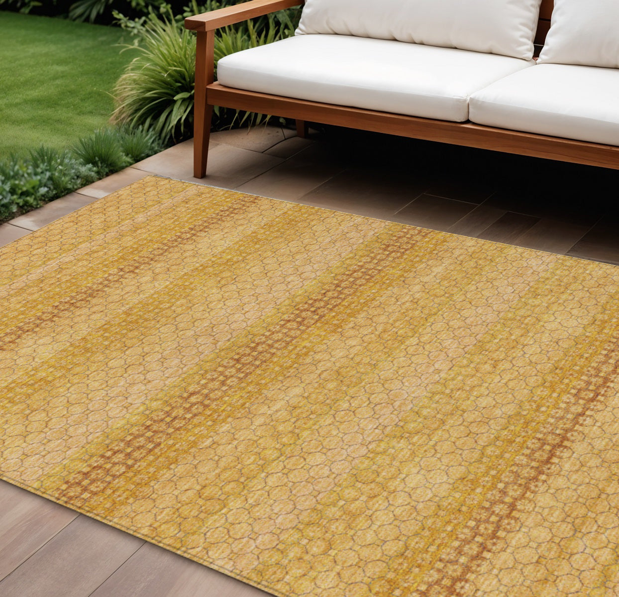 8 X 10 Wheat And Gold Striped Washable Indoor Outdoor Area Rug