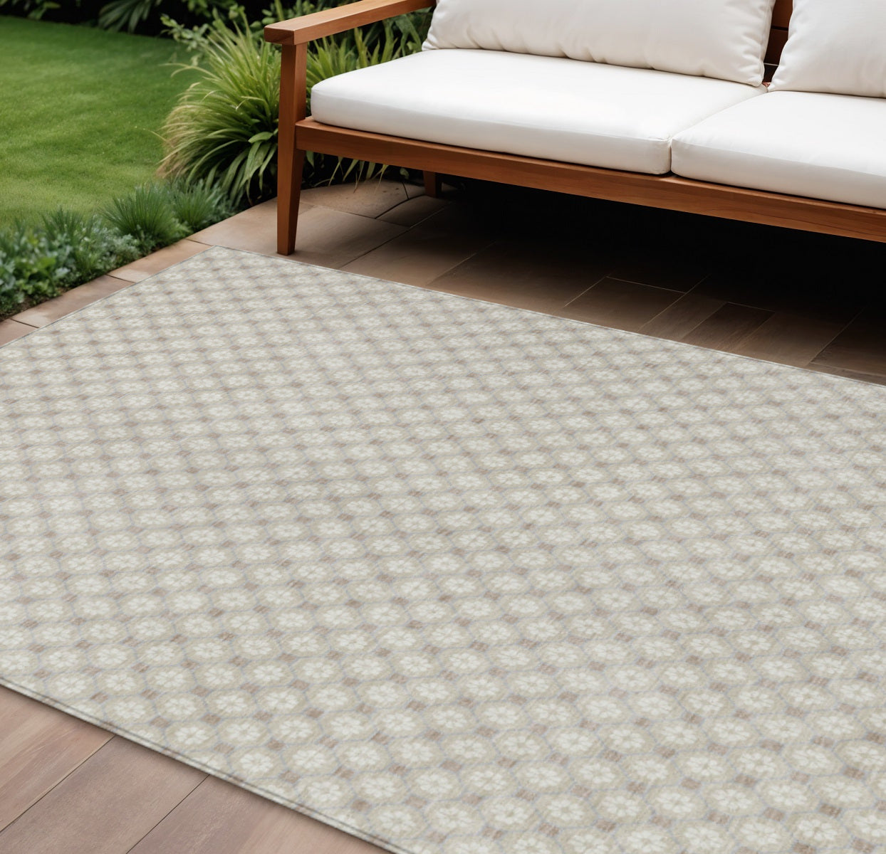 9 X 12 Beige And Ivory Floral Washable Indoor Outdoor Area Rug