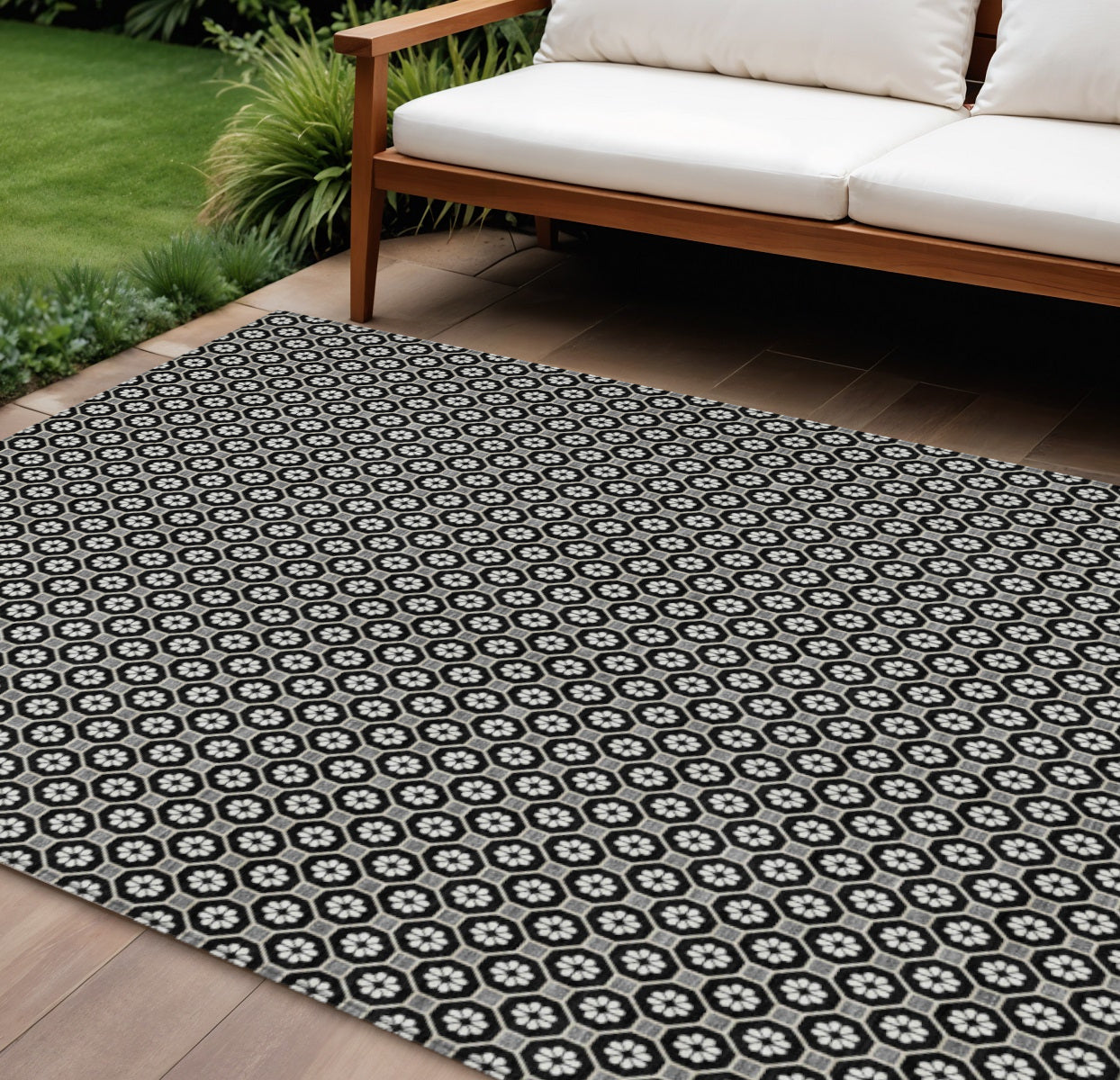 9 X 12 Black And Gray Floral Washable Indoor Outdoor Area Rug