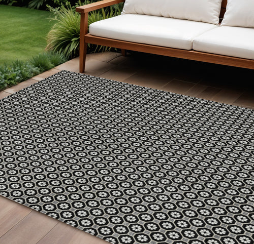 10 X 14 Black And Gray Floral Washable Indoor Outdoor Area Rug