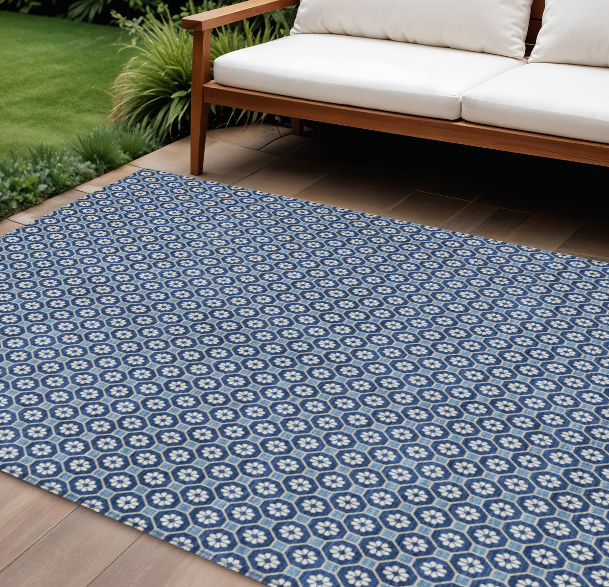 9 X 12 Blue And Sky Blue Floral Washable Indoor Outdoor Area Rug
