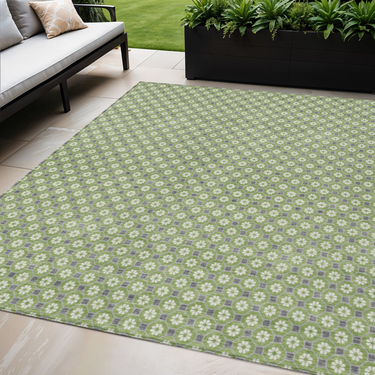 5 X 8 Green And Gray Floral Washable Indoor Outdoor Area Rug