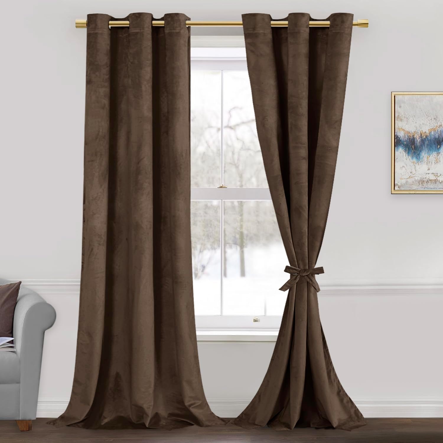 Jiuzhen Brown Velvet Curtains 96 Inches Blackout Curtains For Living Room - Privacy Protect Room Darkening Grommet Thick Velvet