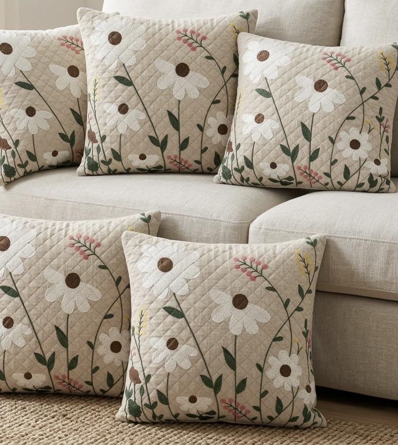 Balley Floral Daisy Embroidered Quilted Cushion Covers, Beige, Pack Of 5