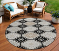 8 Black And Silver Round Floral Washable Indoor Outdoor Area Rug