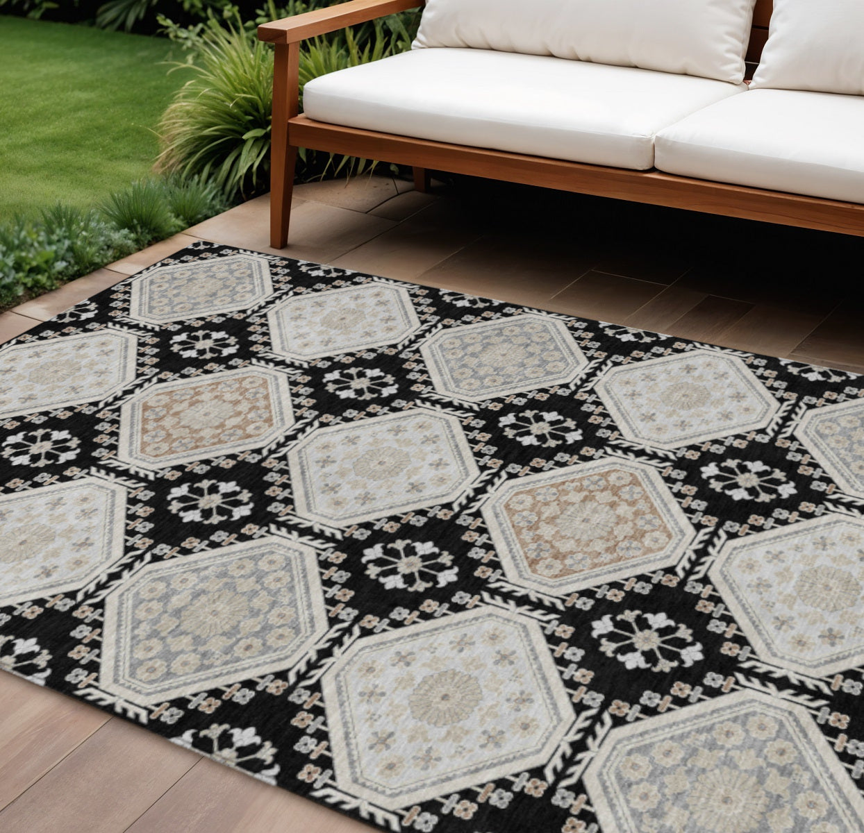 8 X 10 Black And Silver Floral Washable Indoor Outdoor Area Rug