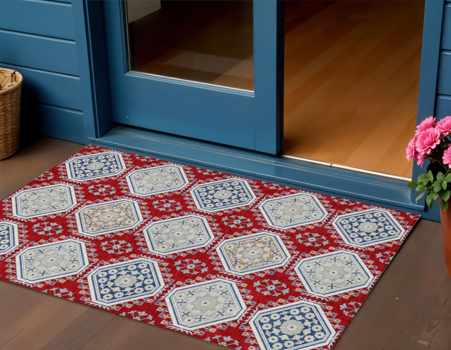 3 X 5 Red And Navy Blue Floral Washable Indoor Outdoor Area Rug