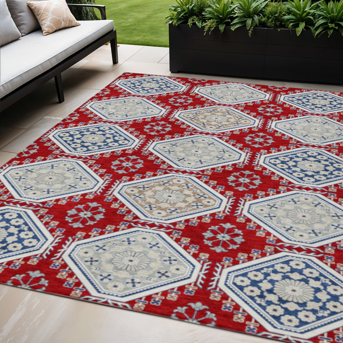 5 X 8 Red And Navy Blue Floral Washable Indoor Outdoor Area Rug