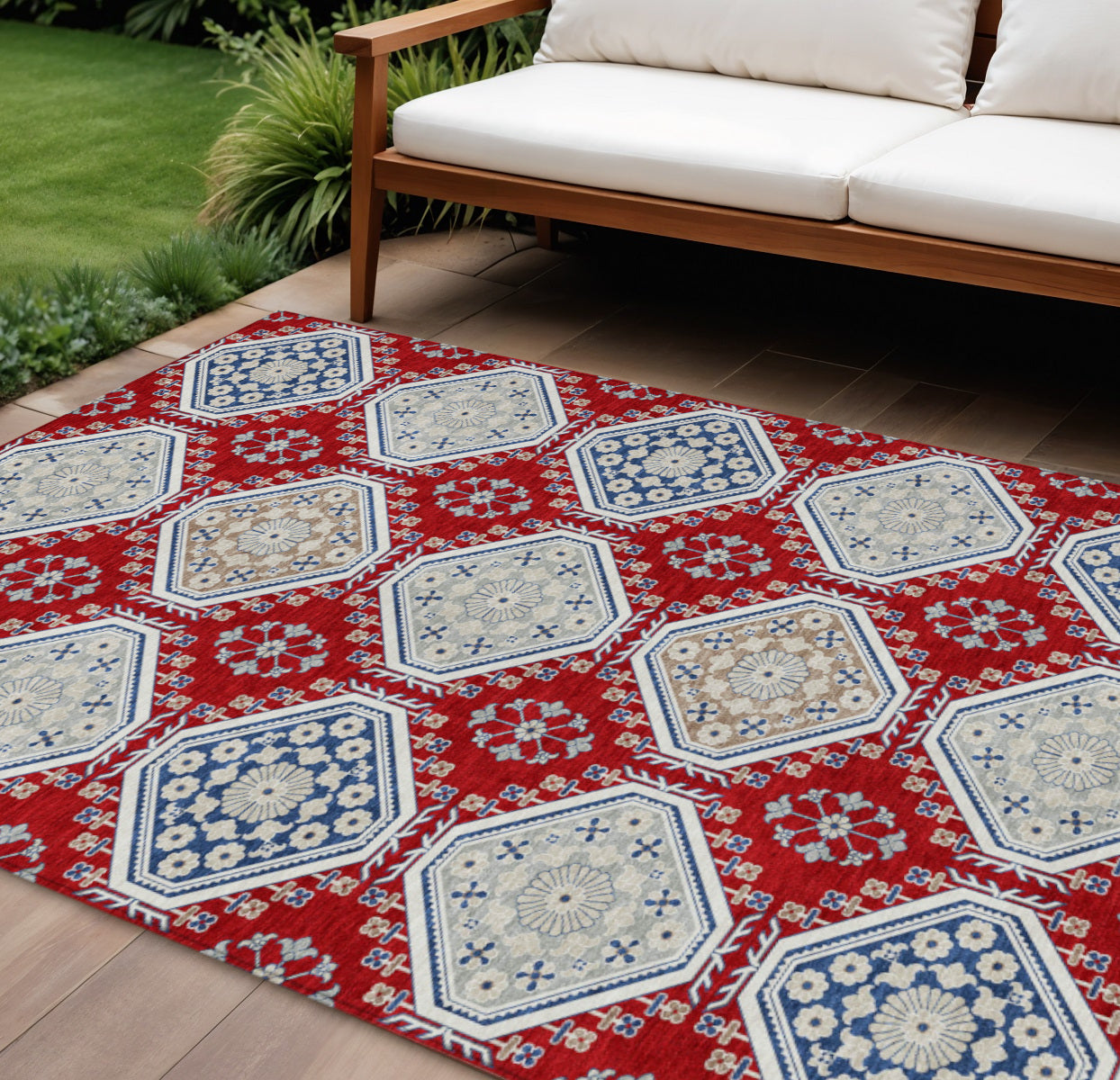 8 X 10 Red And Navy Blue Floral Washable Indoor Outdoor Area Rug