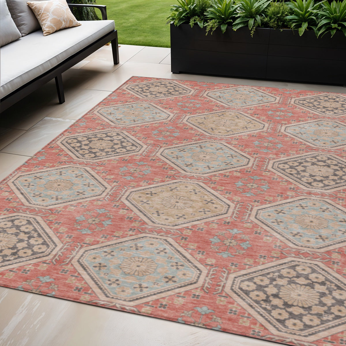 5 X 8 Salmon And Beige Floral Washable Indoor Outdoor Area Rug