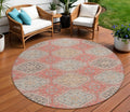 8 Salmon And Beige Round Floral Washable Indoor Outdoor Area Rug