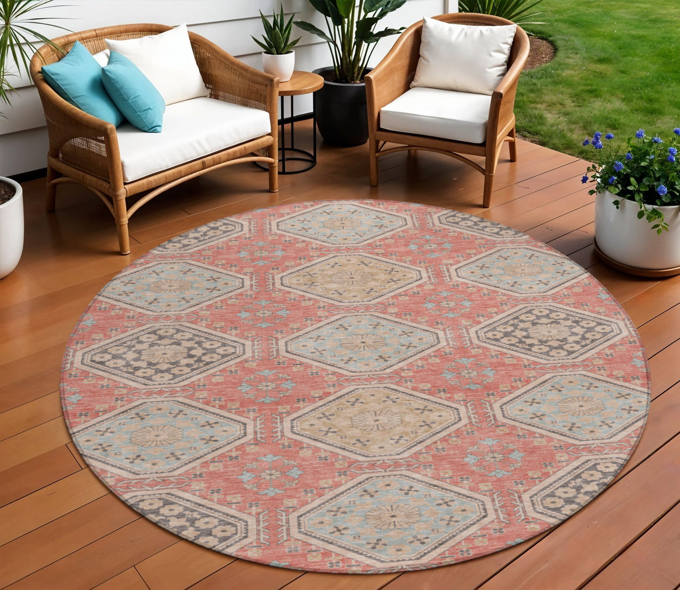 8 Salmon And Beige Round Floral Washable Indoor Outdoor Area Rug