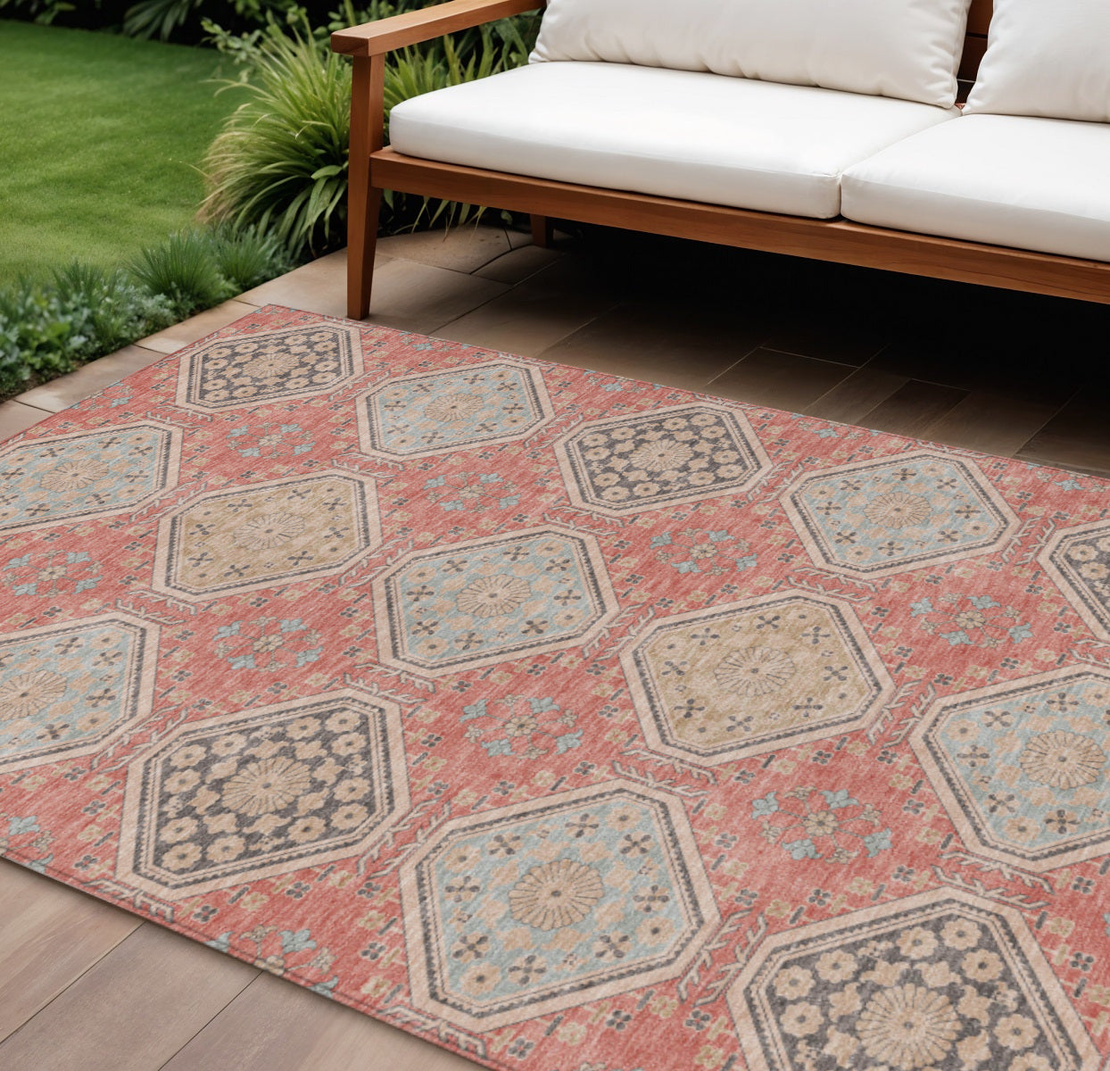 9 X 12 Salmon And Beige Floral Washable Indoor Outdoor Area Rug
