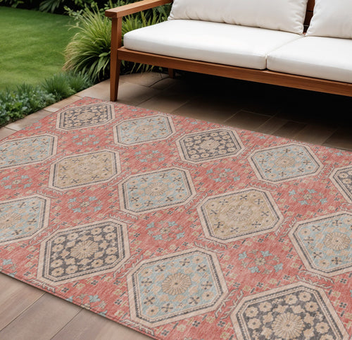 10 X 14 Salmon And Beige Floral Washable Indoor Outdoor Area Rug