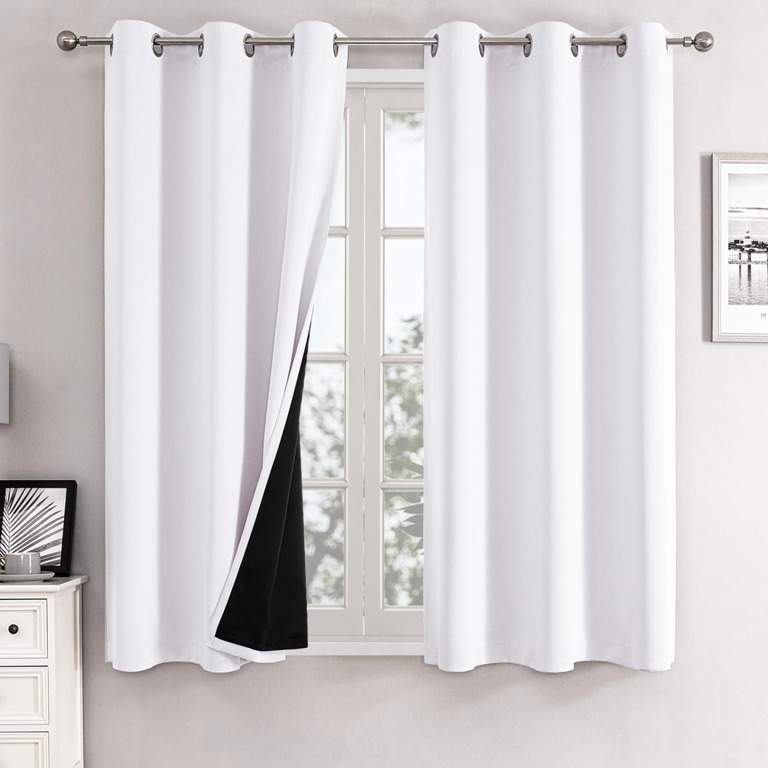Chrisdowa White 100% Blackout Curtains For Bedroom With Black Liner, 2 Thick Layers Total Blackout Thermal Insulated Grommet Sma