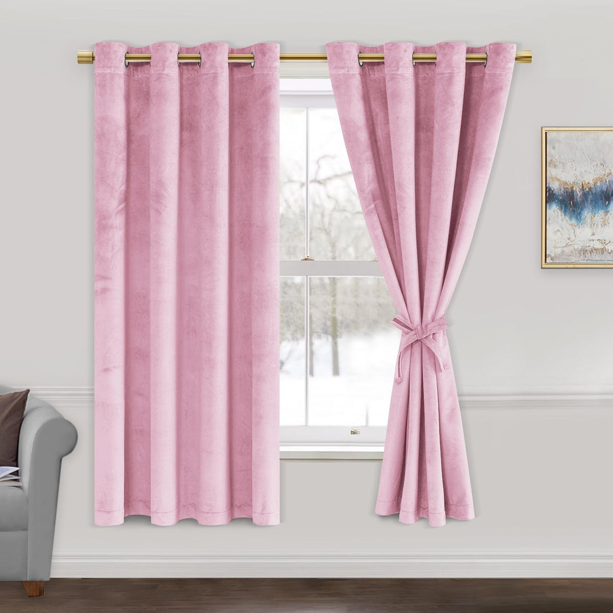 Jiuzhen Pink Velvet Curtains 63 Inches Blackout Curtains For Living Room - Privacy Protect Room Darkening Grommet Thick Velvet W