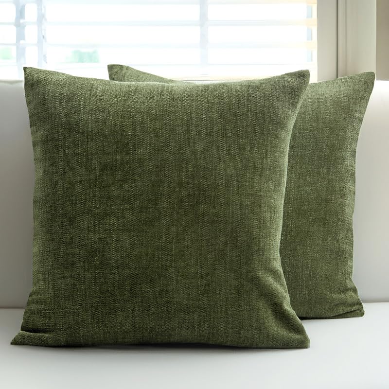 Encasa Thick Chenille Throw Pillow Covers Set Of 2 | Moss - (24X24) (60X60 Cm) | Decorative Accent Square Throw Pillow Cases For