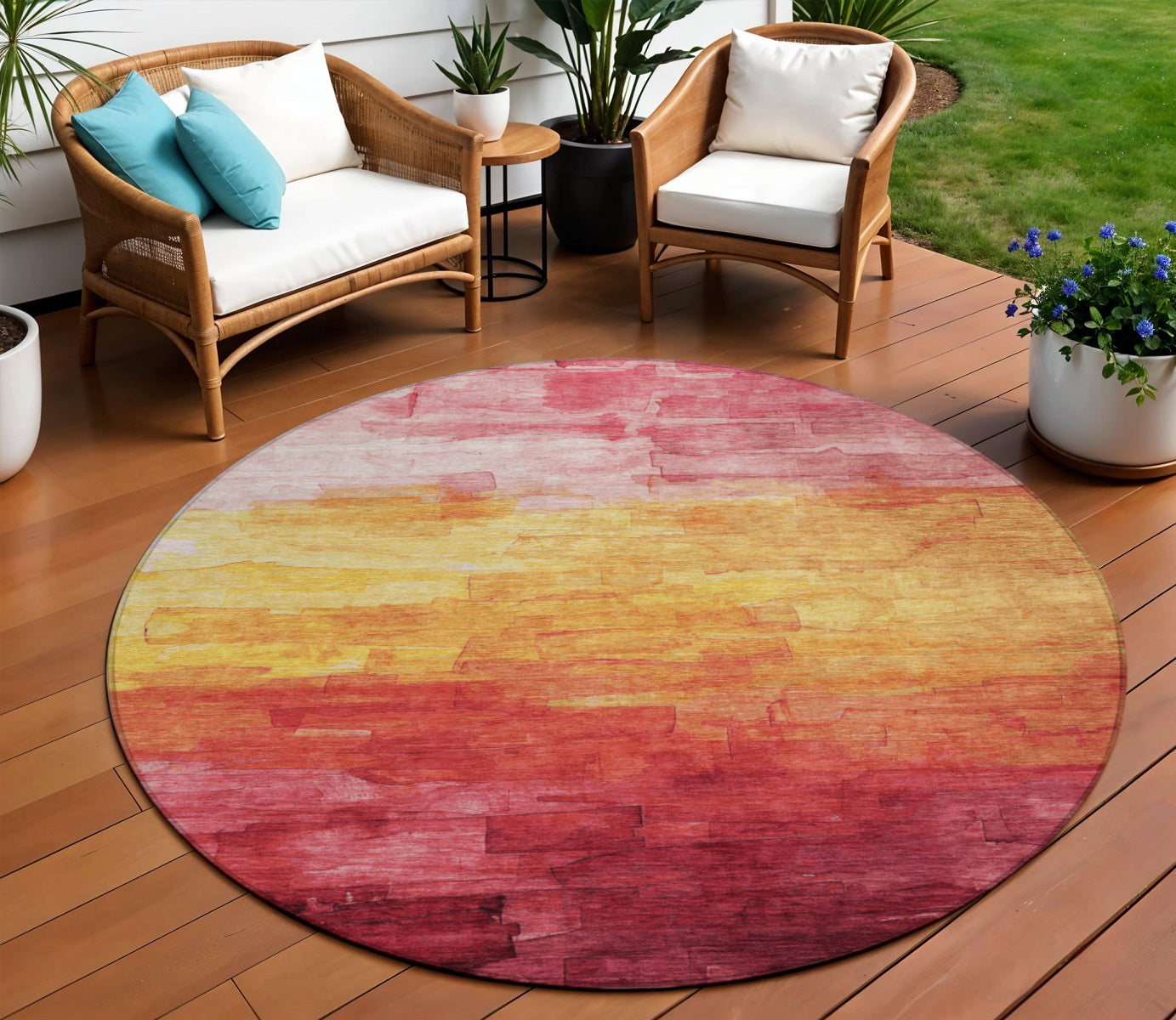 8 Blush And Pink Round Striped Washable Indoor Outdoor Area Rug