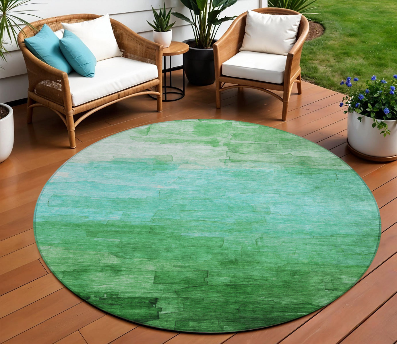 8 Green And Teal Blue Round Striped Washable Indoor Outdoor Area Rug