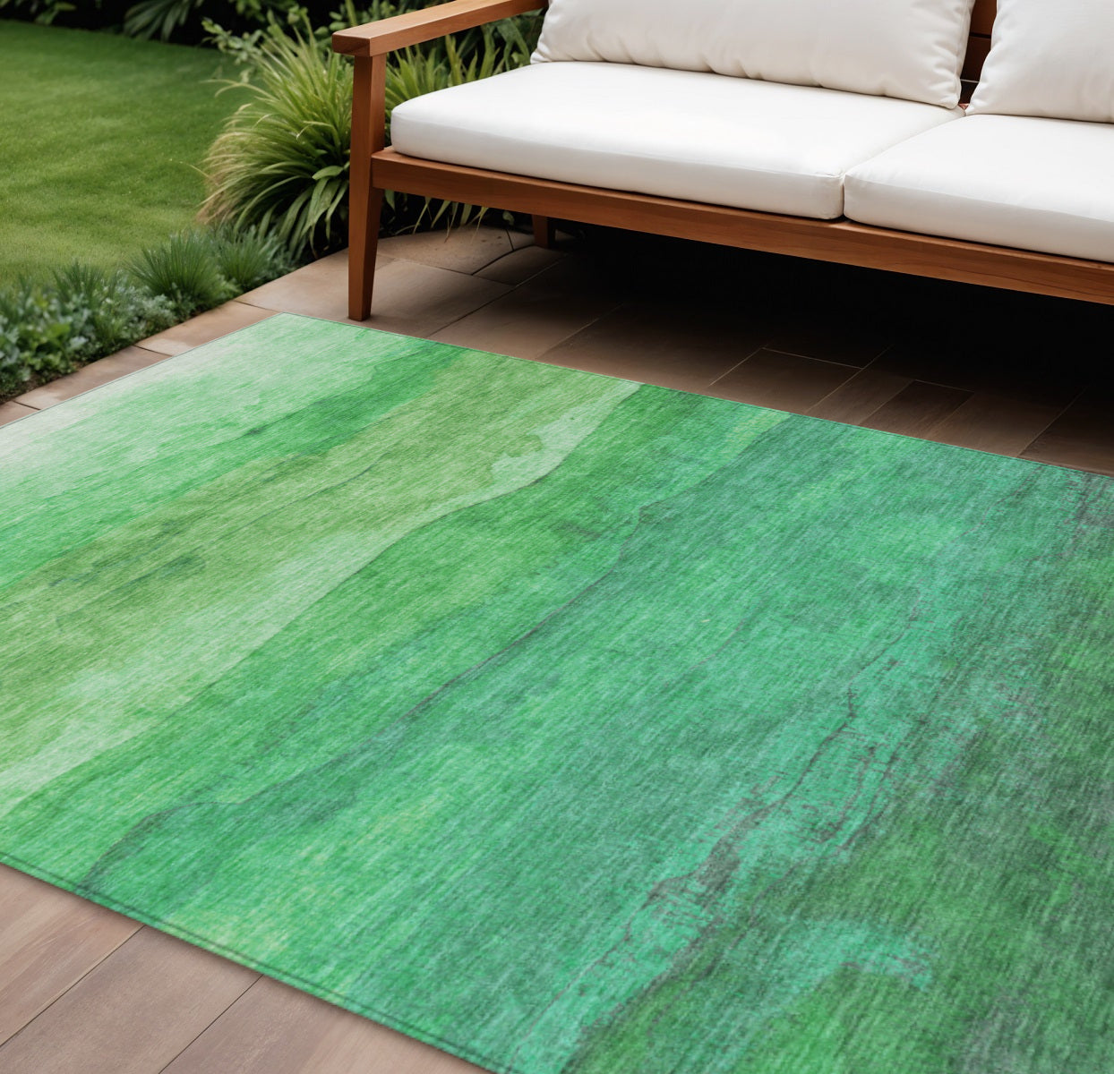 9 X 12 Green And Teal Blue Striped Washable Indoor Outdoor Area Rug