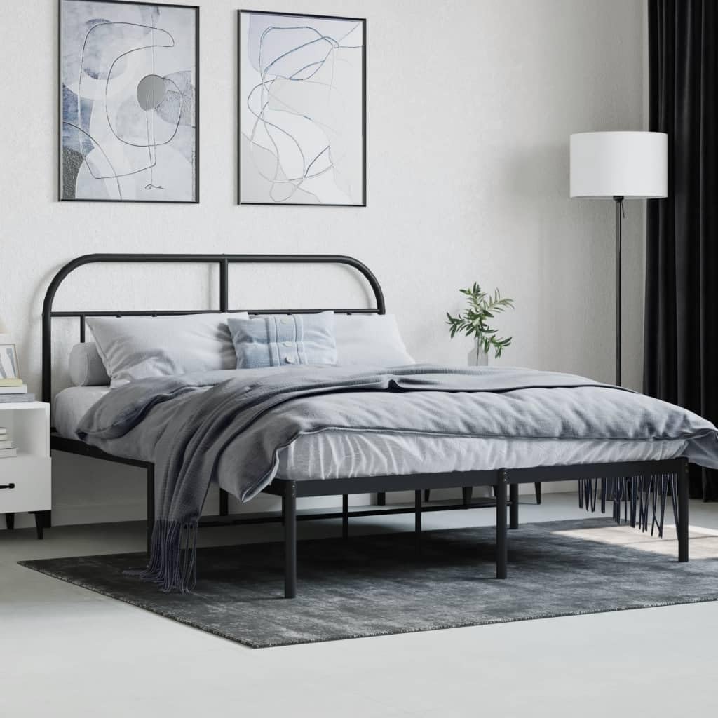 vidaXL Black Metal Bed Frame with Headboard - 53.9"x74.8", Traditional Powder-Coated Steel Construction, with Metal Slats and Center Legs, Extra Under-Bed Storage Space