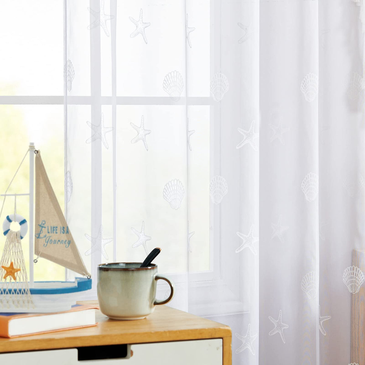 Jinchan White Sheer Curtains 63 Inch Length Seashell Starfish Pattern Drapes For Bedroom Nautical Beach House Coastal Cabin Wind