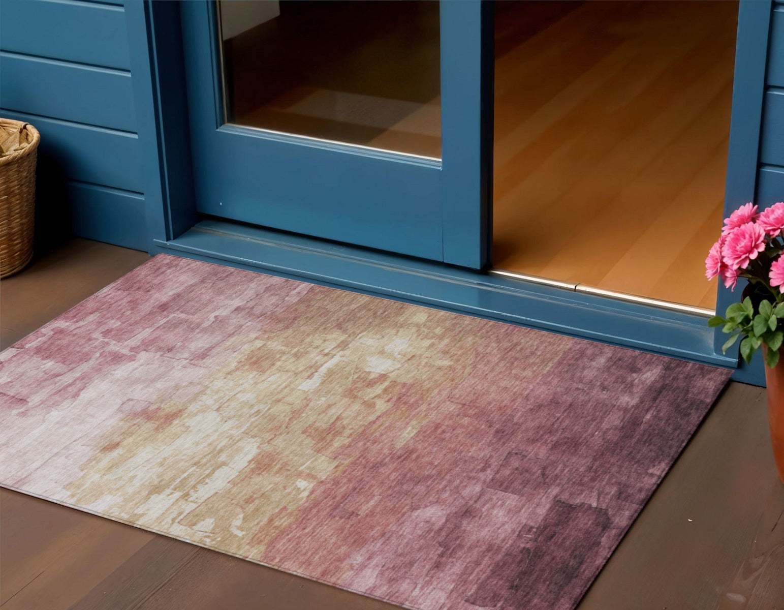 3 X 5 Mauve And Pink Striped Washable Indoor Outdoor Area Rug
