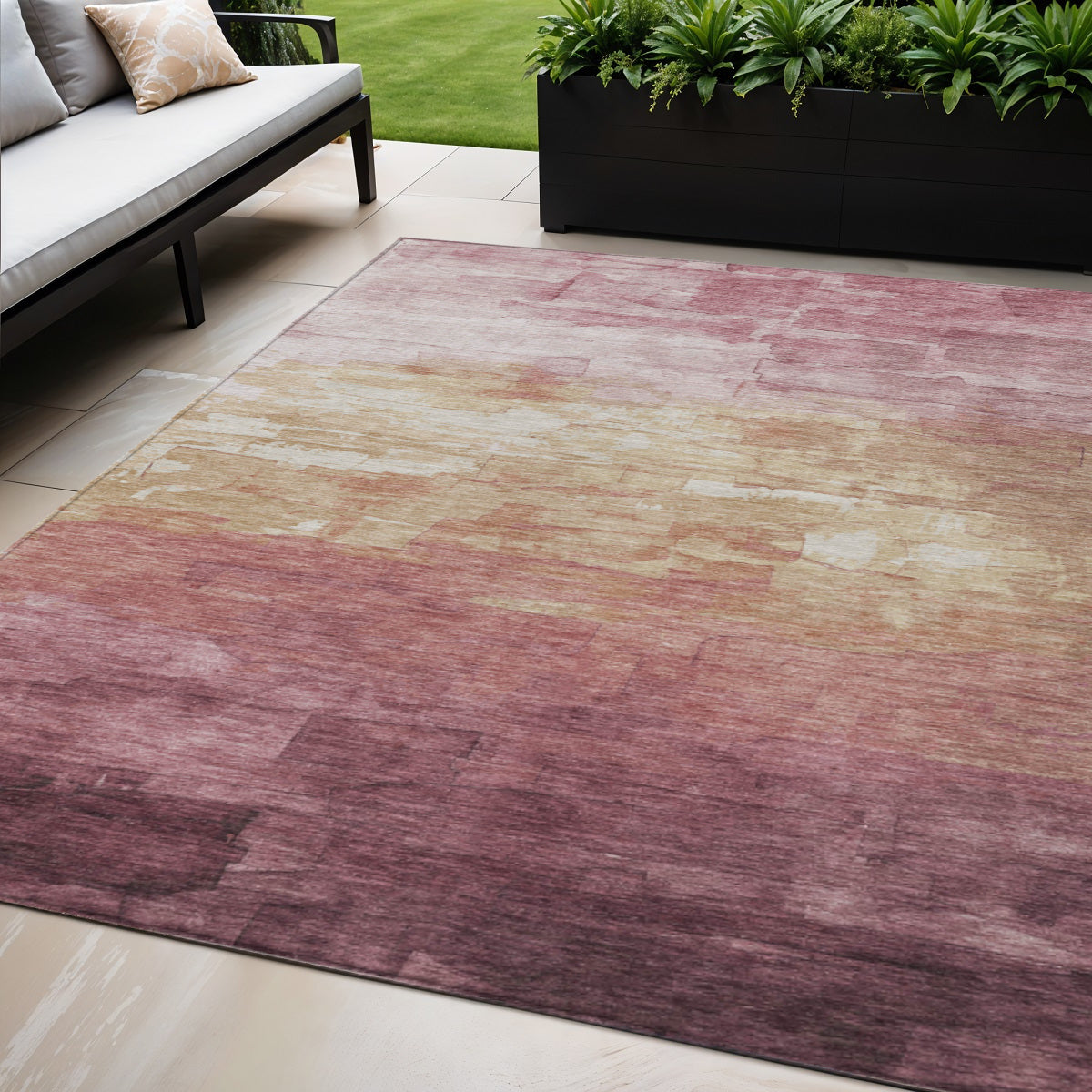 5 X 8 Mauve And Pink Striped Washable Indoor Outdoor Area Rug