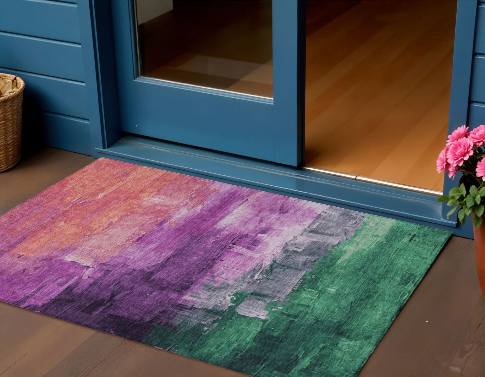 3 X 5 Purple Salmon And Green Abstract Washable Indoor Outdoor Area Rug
