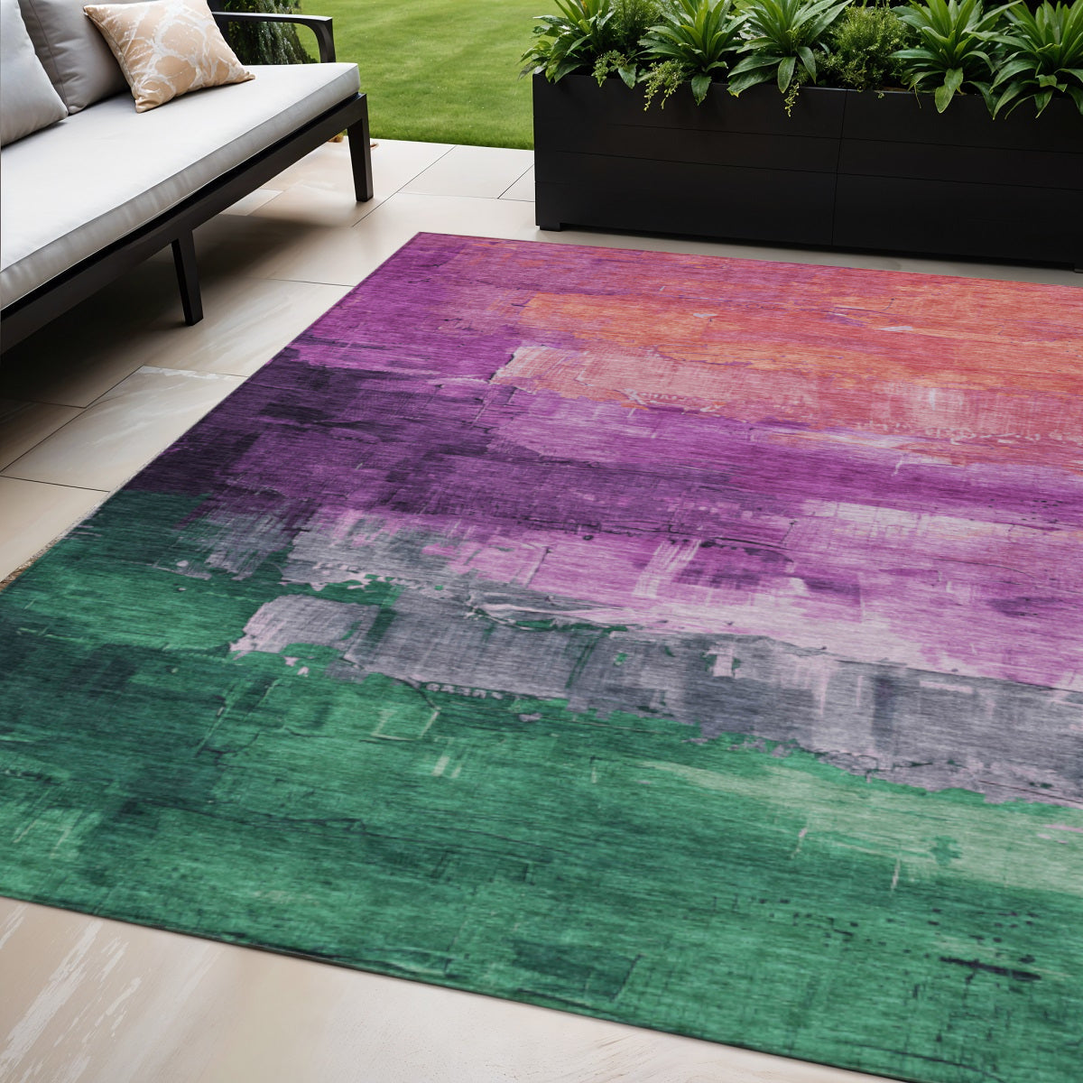 5 X 8 Purple Salmon And Green Abstract Washable Indoor Outdoor Area Rug